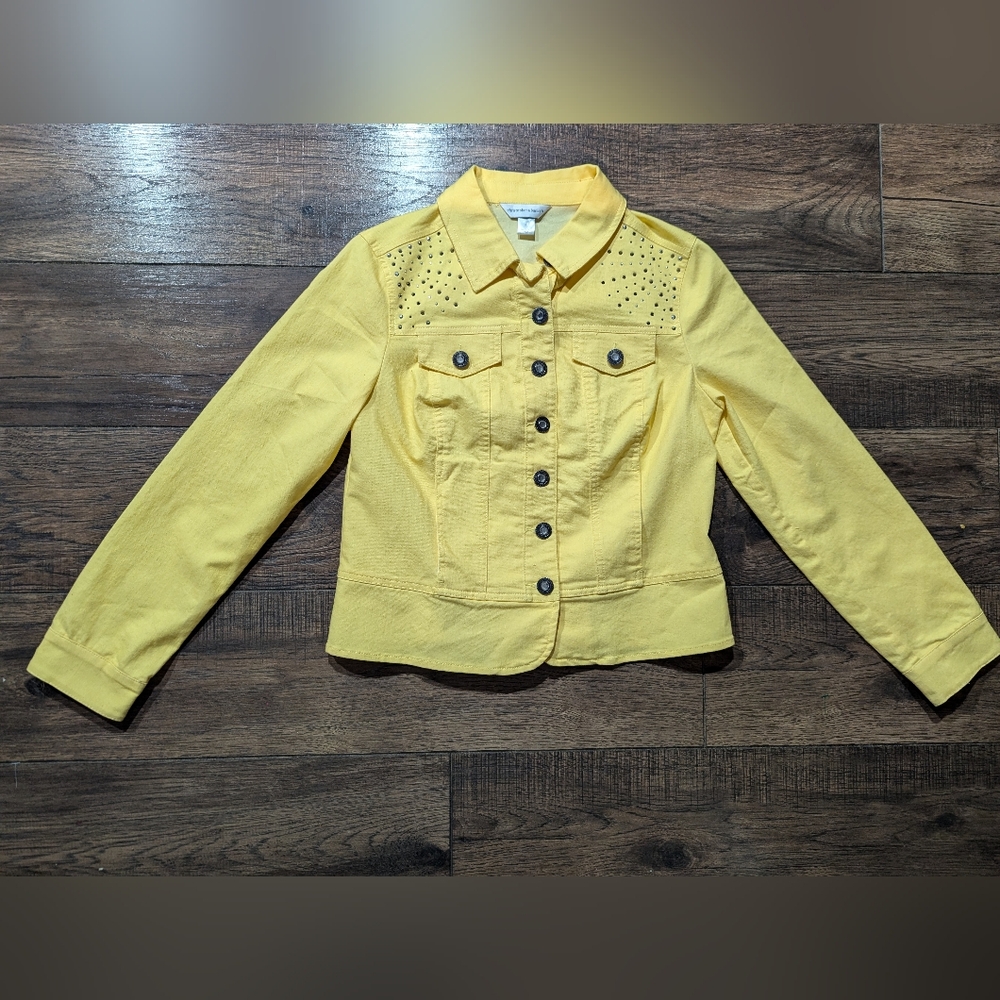 Christopher & Banks Sunshine Yellow Denim Jean Jacket Rhinestones Buttons Small